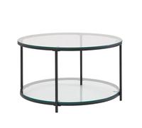 WOHNLING Table Basse Ronde 80x80x45 cm Verre Métal avec Rangement | table de salon 2 surfaces de rangement, bout de canapé au mix de matériaux, table lounge compartiment, table en verre moderne