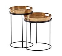 WOHNLING Table d'appoint Set de 2 Or/Noir Métal Martelé Table gigogne Ronde, Table Basse Plateau Amovible, Table Plateau canapé 2 pièces Moderne, Table de canapé Ronde