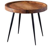 WOHNLING Table d'Appoint Ronde 46x46x40 cm Sheesham Bois Métal | table basse industriel massive, table décorative avec pieds en métal, pièce unique faite main, bout de canapé pour salon