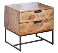 WOHNLING Table de Chevet 50x40x51 cm Bois Massif Sheesham avec 2 Tiroirs | commode de chevet pour lit boxspring, chevet industriel avec structure en métal, pièce unique faite main, chevet marron