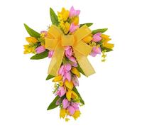 Woideklu Couronne de Pâques Artificielle, Croix, Couronne de Porte, Couronne de Table En Tissu et Bois PP, et Fraîche pour Les Fêtes de Pâques, Le Salo, Fleurs Jaunes Roses