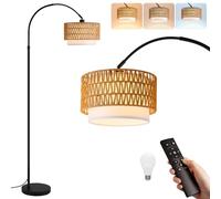 Woiledlt Lampadaire Boho en rotin, lampe arquée pour salon : Lampadaire | noir vintage avec arc, intensité variable avec télécommande, ampoule LED E27 9W incluse, hauteur réglable de 165 à 180 cm
