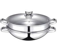 Wok 2-en-1 BAUMALU, 32 cm, Tous feux dont induction, Couvercle verre, Acier inoxydable, Avec légumier et panier vapeur