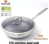 Wok à induction multifonctionnel en acier inoxydable de 32 cm avec couvercle - Sans substances toxiques - Poignée ergonomique - Durable et facile à nettoyer