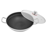 Wok antiadhésif en acier inoxydable - Poêle à frire de 33,5 cm - Couvercle en verre trempé - Compatible avec le gaz et la plupart des cuisinières - Pour 3 à 4 personnes - 2,28 kg - Argent