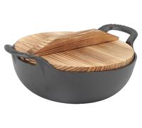Wok de 25 cm - Poêle à frire en fonte - Revêtement antiadhésif - Fond plat - Deux poignées - Couvercle