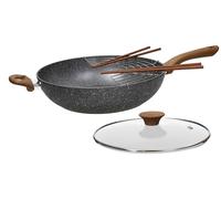 Wok de 32 cm avec grille, couvercle en verre, en aluminium, de couleur grise, + 4 baguettes
