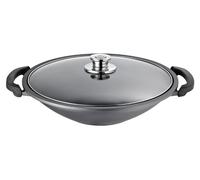Wok de 36 cm, en aluminium moulé sous pression, de couleur noire, avec grille de support