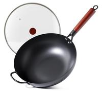 Wok en acier au carbone avec couvercle, 32 cm, fond plat compatible avec les plaques à induction