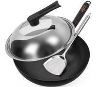 Wok en acier au carbone de 12.5 pouces avec couvercle et spatule