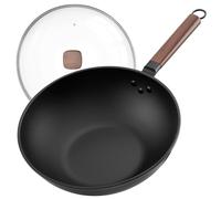 Wok en acier au carbone de 33 cm, avec couvercle en verre, non revêtu