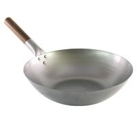 Wok en acier au carbone, diamètre 32,5 cm, fond plat, poignée en bois