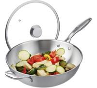 Wok en acier inoxydable avec couvercle et poignée, Ø 32 cm, compatible avec l'induction
