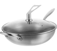 Wok en acier inoxydable avec couvercle, profond, pour cuisinière, surface alvéolée