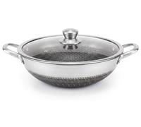 Wok en acier inoxydable, diamètre 40 cm, avec revêtement antiadhésif alvéolé, couvercle en verre, idéal pour la cuisine asiatique, pour saisir et mijoter, compatible induction
