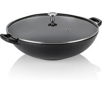 Wok en faitout en fonte - Avec couvercle - Pour une cuisine saine - Chaleur uniforme - 36 cm - Noir