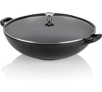 Wok en faitout en fonte - Avec couvercle - Pour une cuisine saine - Chaleur uniforme - 36 cm - Noir