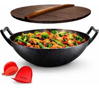 Wok en faitout en fonte - Poêle à frire - Pour les grandes quantités - Pré-traitée - 55 litres - Noir