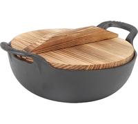 Wok en fonte avec 2 poignées Couvercle en bois Poêle à frire avec base plate non recouverte pour Stir Fry Grill Steam Authentic Asian Chinese Food 20cm / 7.9in