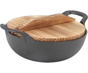 Wok en fonte avec 2 poignées Couvercle en bois Poêle à frire avec base plate non recouverte pour Stir Fry Grill Steam Authentic Asian Chinese Food 20cm / 7.9in
