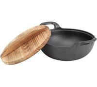 Wok en fonte avec couvercle en bois et 2 poignées - Wok traditionnel chinois non recuit (20 cm)