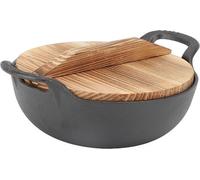 Wok en fonte émaillée, 25 cm - Revêtement antiadhésif - Fond plat - Deux poignées - Couvercle