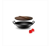 Wok en Fonte - NutriChef - Pré-assaisonnée - 5,5 L - Couvercle en Bois - Compatible tous Feux - Noir