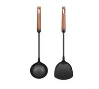 Wok en métal - Construction en fer - Poignée ergonomique en bois - Ustensile pour frire profonde - Pelle de qualité restaurant de 39 cm (spatule + louche)