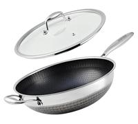 Wok et poêle à frire - Acier inoxydable 316 à triple épaisseur - Revêtement antiadhésif alvéolé - Diamètre 33 cm, 4–5 l - Compatible gaz et induction - Avec couvercle