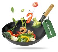 Wok, fond plat, 30 cm, acier au carbone, martelé à la main, pré-cuit