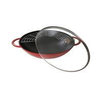 Wok Fonte émaillée Couvercle verre Staub D37 cm Rouge Cerise PR