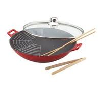 Wok fonte rouge 36 cm avec couvercle en verre - Baumalu - Rouge - Fonte G