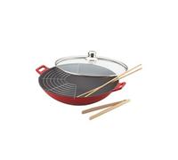 Wok fonte rouge 36 cm avec couvercle en verre - - Rouge - Fonte