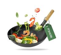 wok pasoli | PRÉ-CULOTTÉ | fond plat | pour la cuisinière (également à induction) | 30 cm de diamètre | wok traditionnel en acier au carbone martelé à la main | couche antiadhésive naturelle