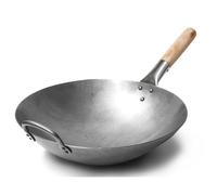 Wok traditionnel en acier carbone martelé à la main avec poignée auxiliaire en bois et acier (diamètre 35 6 cm fond rond)/731W88