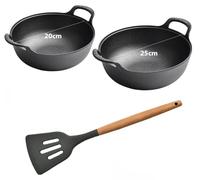 Wokset - Poêles à wok en fonte - Lot de 2, 20 et 25 cm - Antiadhésives - Avec deux poignées - Adaptées aux plaques de cuisson à gaz et à induction - Sans couvercle - Noir