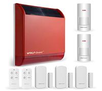 Wolf Guard LB-12T1 Sirène d'Alarme d'Extérieur sans Fil avec 2 Détecteurs de Mouvement PIR, 3 Capteurs de Porte, 2 Télécommandes, 110 DB, Alimenté par Batterie Solaire