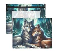 Wolf Mate Trousse à crayons pour classeur à 3 anneaux | Lot de 2 pochettes transparentes à fermeture éclair sur le devant avec 3 œillets renforcés, 31 cm x 24 cm