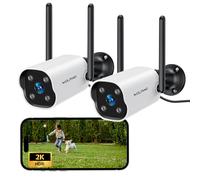 WOLFANG 2K Caméra Surveillance WiFi Exterieure, Camera Exterieur Filaires Vision Nocturne Couleur, AI & PIR Détection Mouvement, Audio Bidirectionnel, Moniteur 24/7, avec Alexa/Google, IP65, Lot de 2