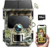 WOLFANG Caméra de Chasse Solaire 4K 30fps 68MP WiFi Bluetooth Camera Chasse avec Carte Micro SD U3 32GB Vision Nocturne IP66 Étanche pour la Surveillance de la Faune et la Sécurité à Intérieure