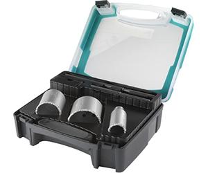 wolfcraft Coffret de Trépans Maçonnerie - 3 Scies Cloches et 2 Forets | Set de trépan carbure ø 33, 53, 68 mm, profondeur 55 mm, forets centreurs 140 et 220 mm, coffret plastique 1003000