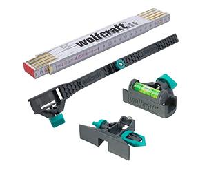 wolfcraft Kit Personnaliser son mètre, 4 pcs I 8623000 I Transforme le mètre en niveau ou en accessoire de traçage et permet de relever une dimension intérieure
