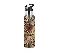 Woltant Bouteille d'eau isotherme en acier inoxydable avec paille - Motif léopard - Motif floral - 600 ml - Pour le travail, les voyages, la salle de sport
