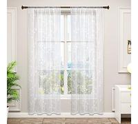 WOLTU 2 Pièces Rideaux Voilages Décoration Intérieure avec Ruban Semi-Transparent en Lin Broderie de Fleurs, Rideau translucide, Voile léger, 140x225 cm, Blanc