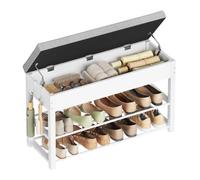 WOLTU Banc Chaussures Entrée, Banc de Rangement avec Siège Rembourré, 1 Compartiment Dissimulé, 2 Étagères et 2 Crochets, en Métal et Lin Imitation, 80x30x50 cm, Blanc+Gris Clair