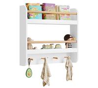 WOLTU Bibliothèque Enfant, Étagère Murale pour Enfants, à 2 Niveaux | avec 4 Crochets, pour Livres, Blanc, 60x12x55cm