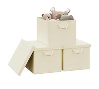 WOLTU Boîte de Rangement Pliable, Lot de 3 Paniers de Rangement en Tissu Non-Tissé, avec Poignées et Couvercle, pour Vêtements et Jouets, Crème, 48x36x30cm