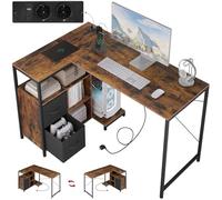 WOLTU Bureau d'angle en L avec Ports USB Double - Table 120x80cm à Étagères Réversibles & Concentré Prise, Structure Profesionnelle, Brun Industriel Rétro