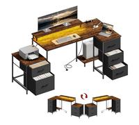 WOLTU Bureau d'angle en L 180x80x84 cm avec Rangement, 5 Tiroirs et 2 Étagères, Bureau Gaming avec Éclairage LED, 2 Prises, 1 Port USB et 1 Port USB-C, pour Gaming et Travail, Marron Rustique