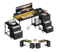 WOLTU Bureau d'angle en L 180x80x84 cm avec Rangement, 5 Tiroirs et 2 Étagères, Bureau Gaming avec Éclairage LED, 2 Prises, 1 Port USB et 1 Port USB-C, pour Gaming et Travail, Noir
